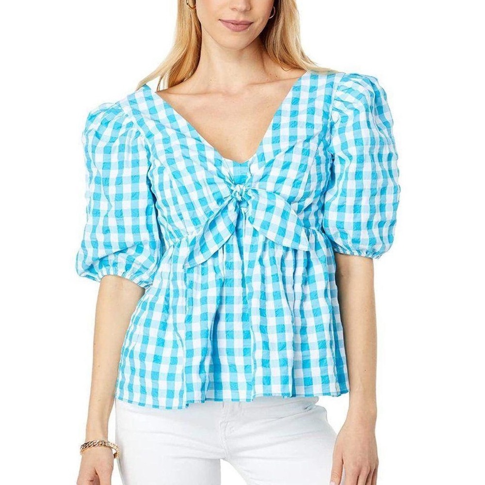 🐬 LILLY PULITZER SARAFINA TURQUOISE OASIS CRINKLE GINGHAM SHORT SLEEVE TOP! - Picture 13 of 15